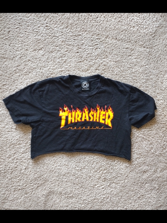 Thrasher Tops - Thrasher Women's Black Cropped Tee with Yellow-Orange Flame Logo